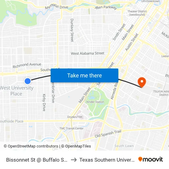 Bissonnet St @ Buffalo Speedway to Texas Southern University REC map