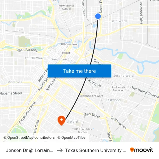 Jensen Dr @ Lorraine St to Texas Southern University REC map