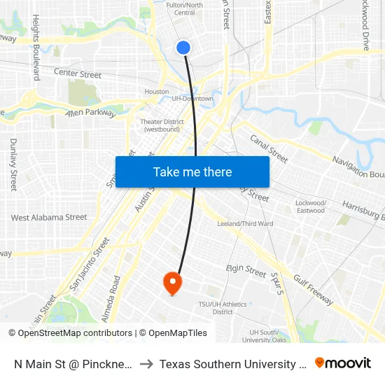 N Main St @ Pinckney St to Texas Southern University REC map