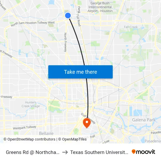 Greens Rd @ Northchase Dr to Texas Southern University REC map