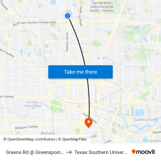 Greens Rd @ Greenspoint Dr MB to Texas Southern University REC map