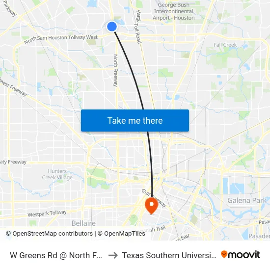 W Greens Rd @ North Freeway to Texas Southern University REC map
