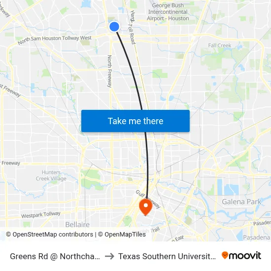 Greens Rd @ Northchase Dr to Texas Southern University REC map