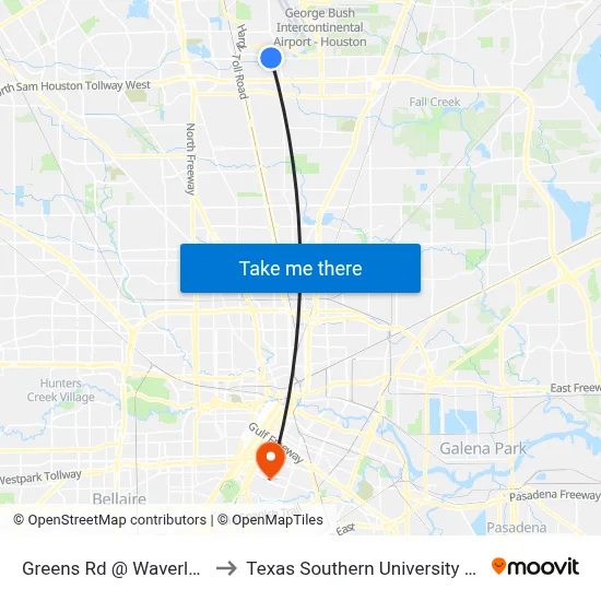 Greens Rd @ Waverly Dr to Texas Southern University REC map