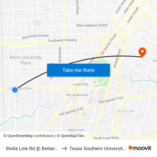 Stella Link Rd @ Bellaire Blvd to Texas Southern University REC map