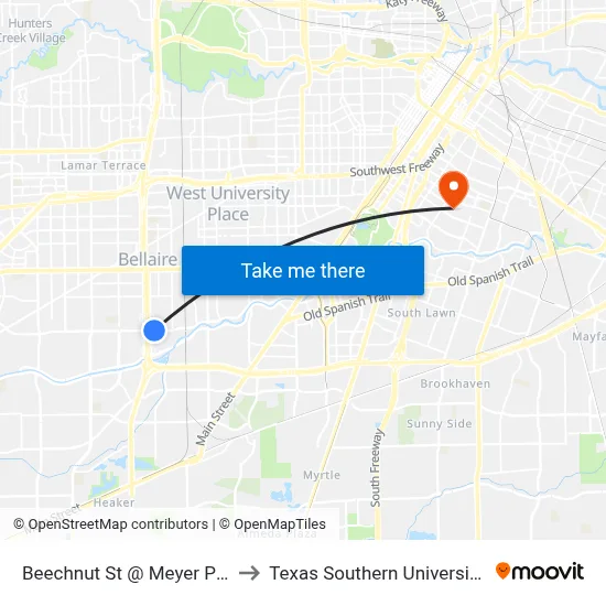 Beechnut St @ Meyer Park Dr to Texas Southern University REC map