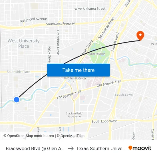 Braeswood Blvd @ Glen Arbor Dr MB to Texas Southern University REC map
