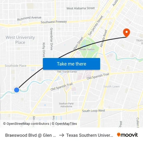 Braeswood Blvd @ Glen Arbor Dr to Texas Southern University REC map