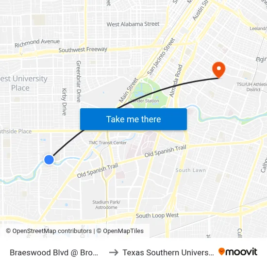 Braeswood Blvd @ Brompton St to Texas Southern University REC map