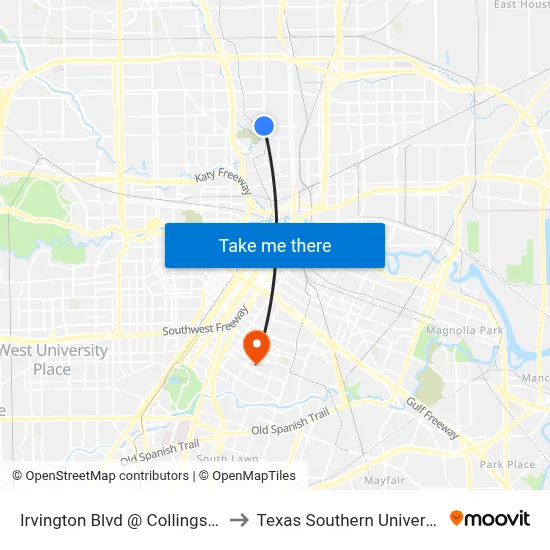 Irvington Blvd @ Collingsworth St to Texas Southern University REC map