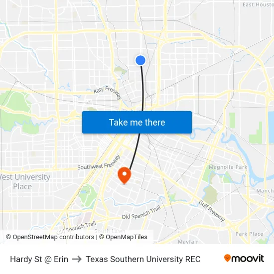 Hardy St @ Erin to Texas Southern University REC map