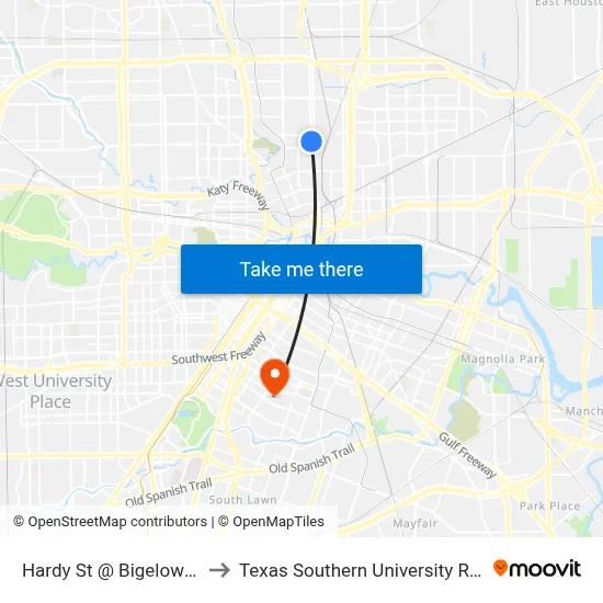 Hardy St @ Bigelow St to Texas Southern University REC map
