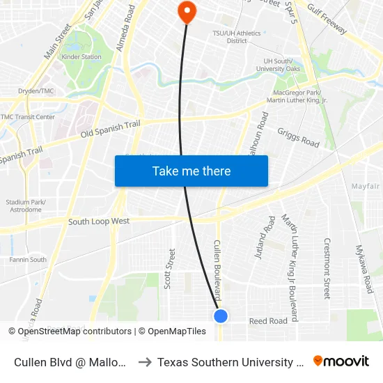 Cullen Blvd @ Mallow St to Texas Southern University REC map