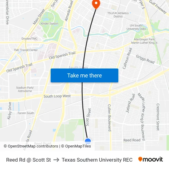 Reed Rd @ Scott St to Texas Southern University REC map