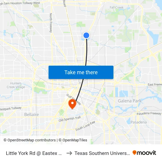 Little York Rd @ Eastex Freeway to Texas Southern University REC map