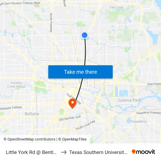 Little York Rd @ Bentley Rd to Texas Southern University REC map