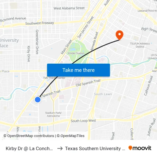 Kirby Dr @ La Concha Ln to Texas Southern University REC map