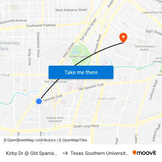 Kirby Dr @ Old Spanish Trail to Texas Southern University REC map