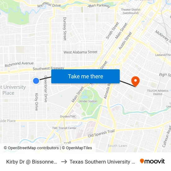 Kirby Dr @ Bissonnet St to Texas Southern University REC map
