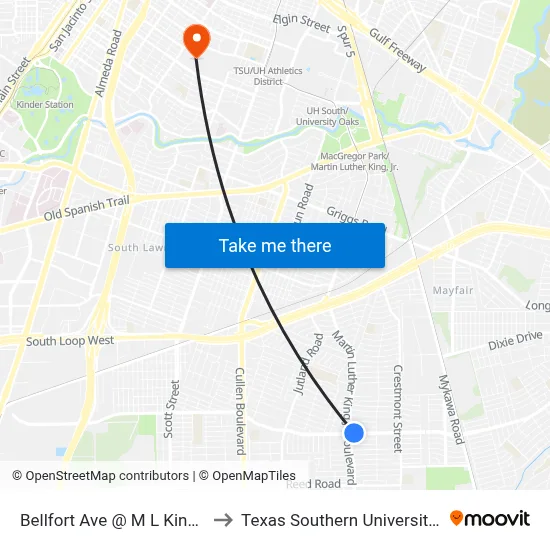Bellfort Ave @ M L King Blvd to Texas Southern University REC map