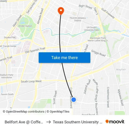 Bellfort Ave @ Coffee St to Texas Southern University REC map
