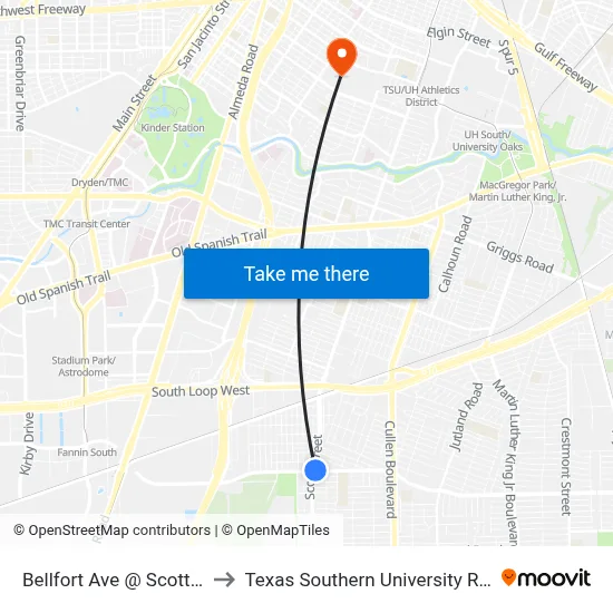 Bellfort Ave @ Scott St to Texas Southern University REC map