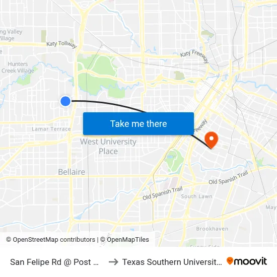 San Felipe Rd @ Post Oak Ln to Texas Southern University REC map