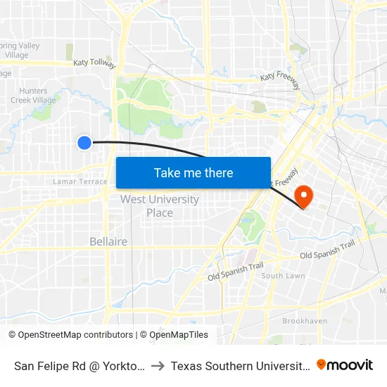 San Felipe Rd @ Yorktown St to Texas Southern University REC map