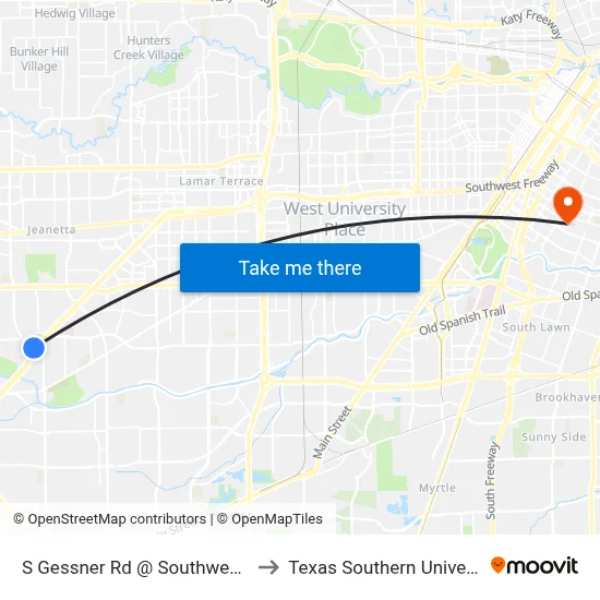 S Gessner Rd @ Southwest Freeway to Texas Southern University REC map