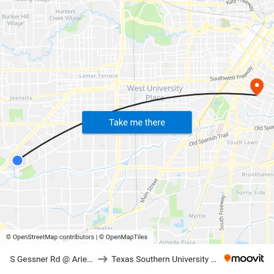 S Gessner Rd @ Ariel St to Texas Southern University REC map