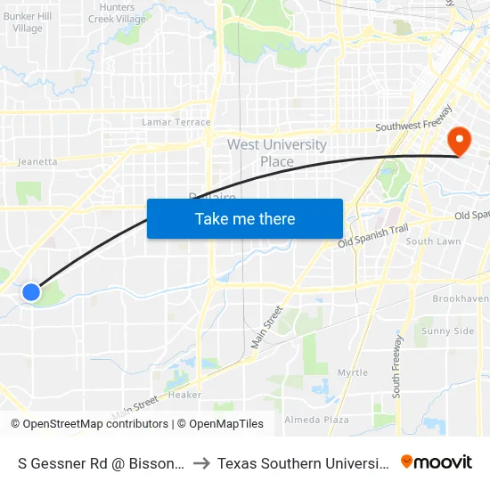 S Gessner Rd @ Bissonnet St to Texas Southern University REC map