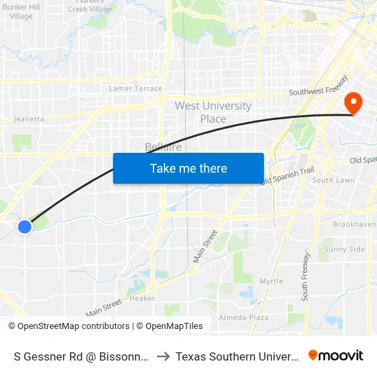 S Gessner Rd @ Bissonnet St MB to Texas Southern University REC map