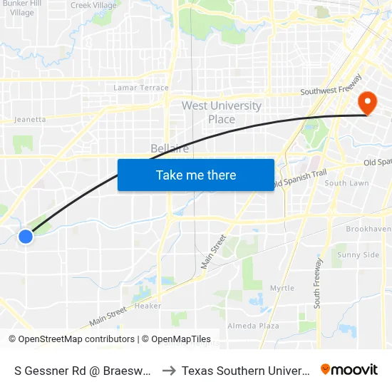 S Gessner Rd @ Braeswood Blvd to Texas Southern University REC map
