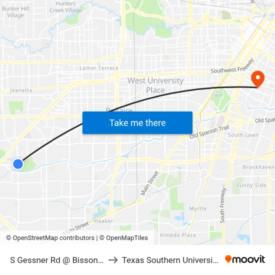 S Gessner Rd @ Bissonnet St to Texas Southern University REC map