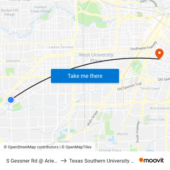 S Gessner Rd @ Ariel St to Texas Southern University REC map