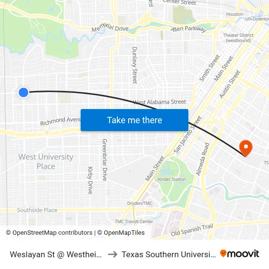 Weslayan St @ Westheimer Rd to Texas Southern University REC map