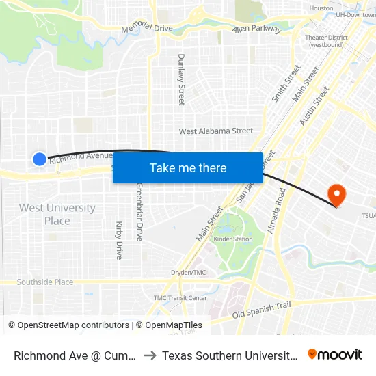 Richmond Ave @ Cummins to Texas Southern University REC map