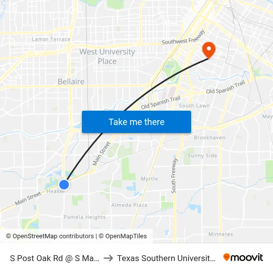 S Post Oak Rd @ S Main St to Texas Southern University REC map