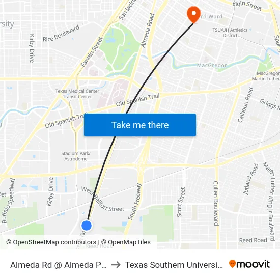 Almeda Rd @ Almeda Park Dr to Texas Southern University REC map