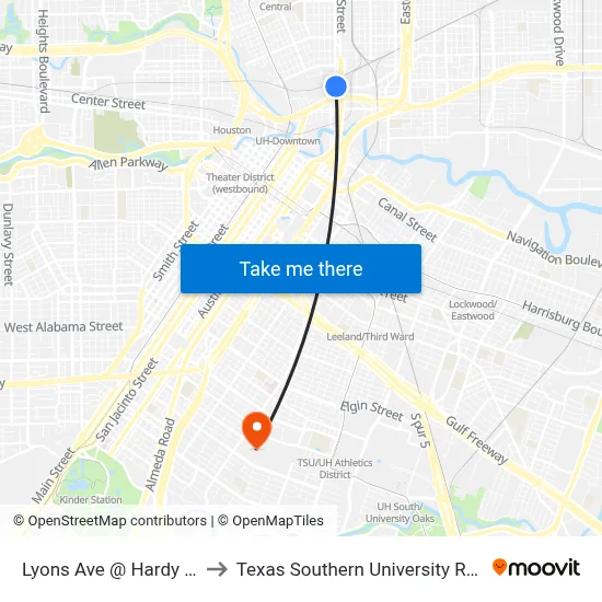 Lyons Ave @ Hardy St to Texas Southern University REC map