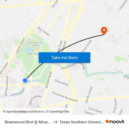 Braeswood Blvd @ Moursund St to Texas Southern University REC map