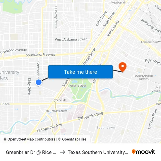 Greenbriar Dr @ Rice Blvd to Texas Southern University REC map