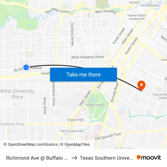Richmond Ave @ Buffalo Speedway to Texas Southern University REC map