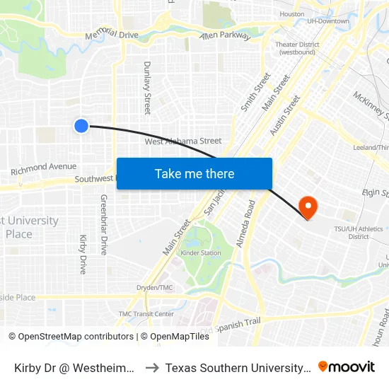 Kirby Dr @ Westheimer Rd to Texas Southern University REC map