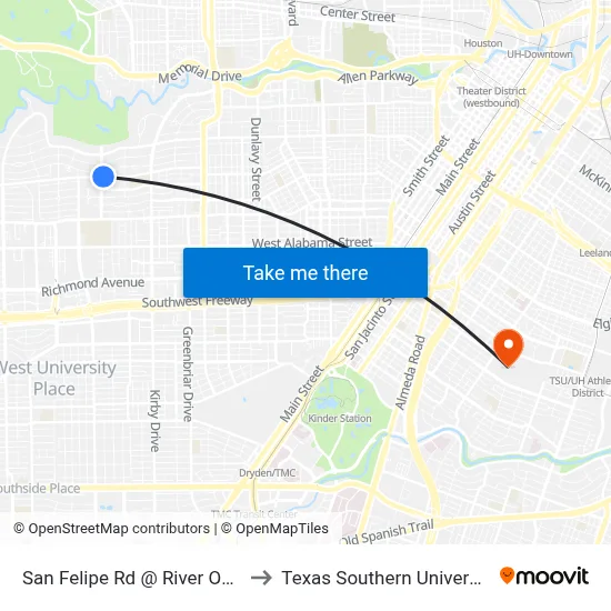 San Felipe Rd @ River Oaks Blvd to Texas Southern University REC map