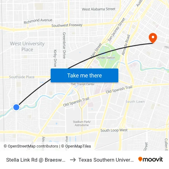 Stella Link Rd @ Braeswood Blvd to Texas Southern University REC map