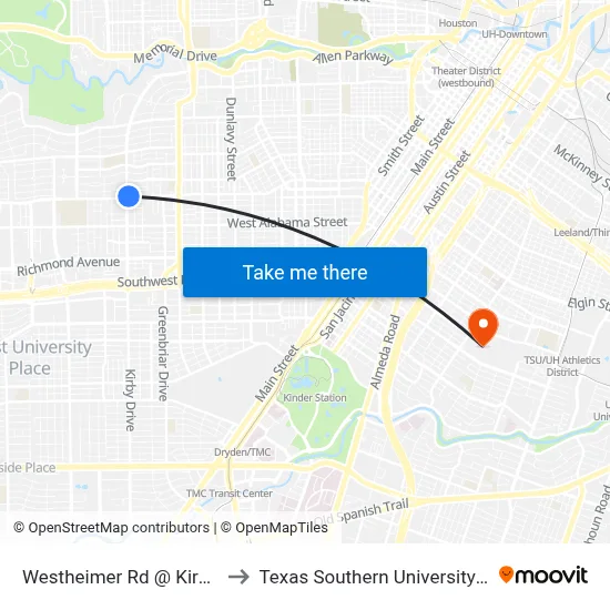 Westheimer Rd @ Kirby Dr to Texas Southern University REC map