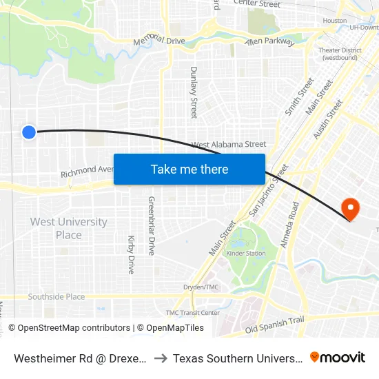 Westheimer Rd @ Drexel Dr MB to Texas Southern University REC map