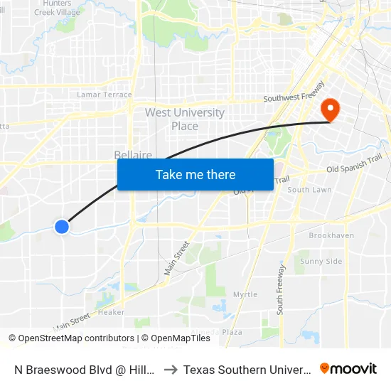 N Braeswood Blvd @ Hillcroft Ave to Texas Southern University REC map