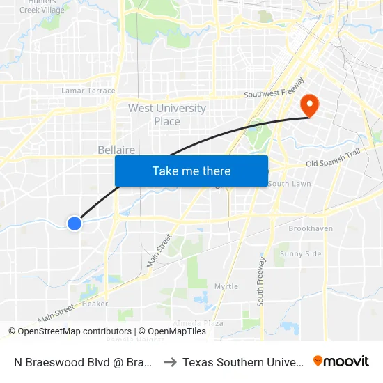 N Braeswood Blvd @ Braesmont Dr to Texas Southern University REC map